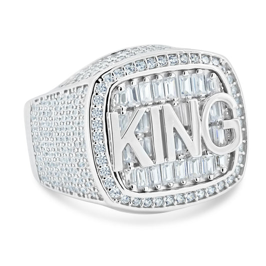 Rhodium Plated 925 Sterling Silver CZ Encrusted "King" Ring Band Sizes 9-12