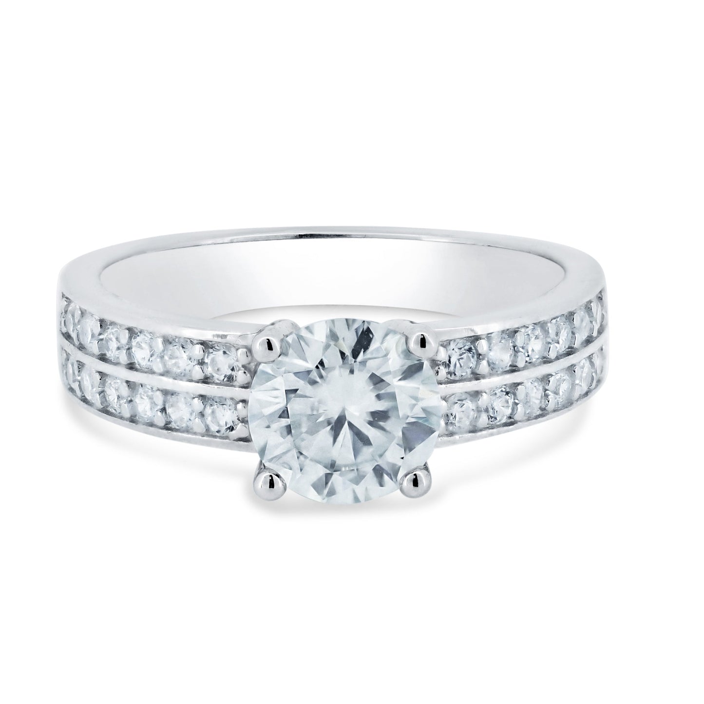Rhodium Plated 925 Sterling Silver Double Row Shank Moissanite Ring Sizes 5-9