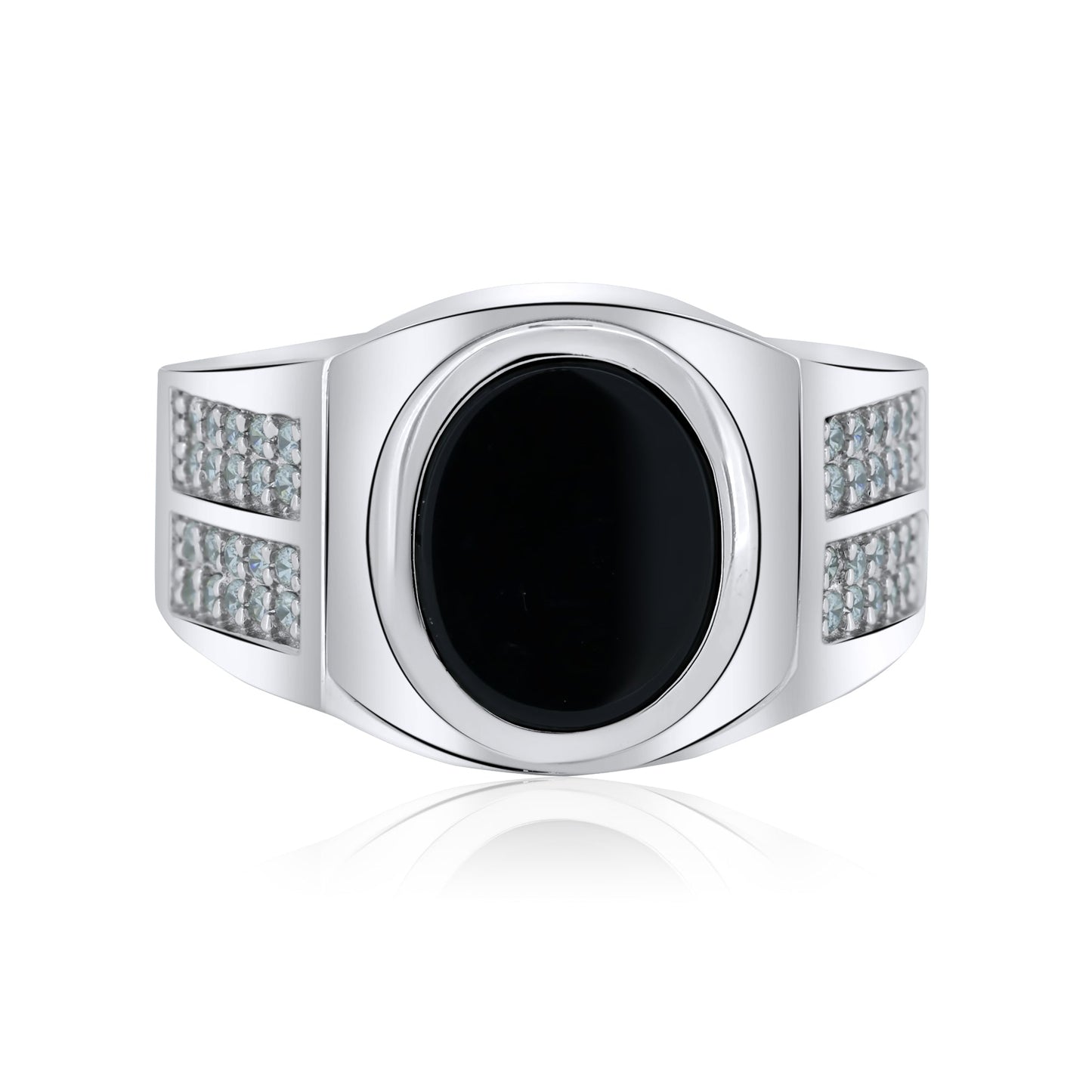 Sterling Silver 925 Rhodium Plated Oval Black Onyx CZ Shank Ring Band Sizes 9-12