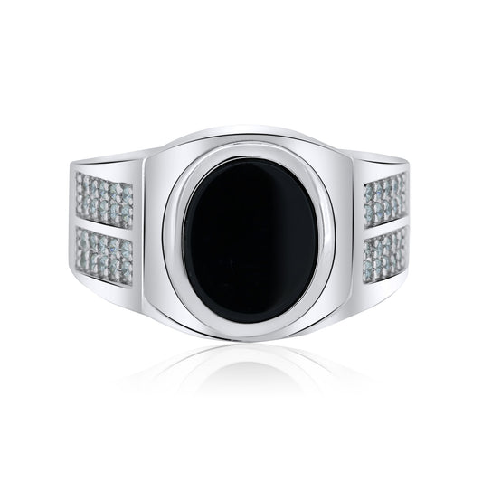 Sterling Silver 925 Rhodium Plated Oval Black Onyx CZ Shank Ring Band Sizes 9-12