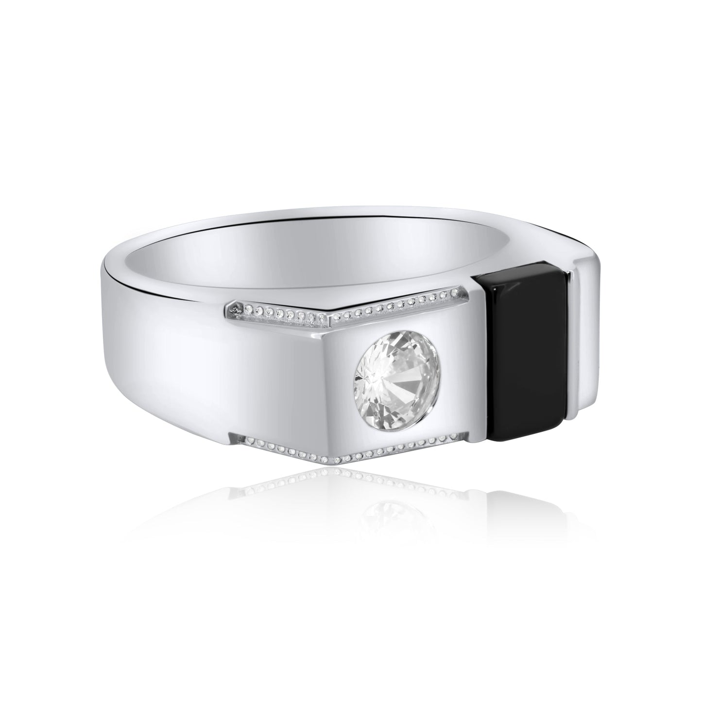 Sterling Silver 925 Rhodium Plated Black Onyx Round Clear CZ Ring Sizes 9-12