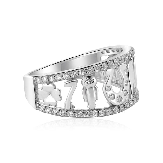 Rhodium Plated 925 Sterling Silver Lucky Symbols 7 Clover CZ Ring Band Sizes 5-9