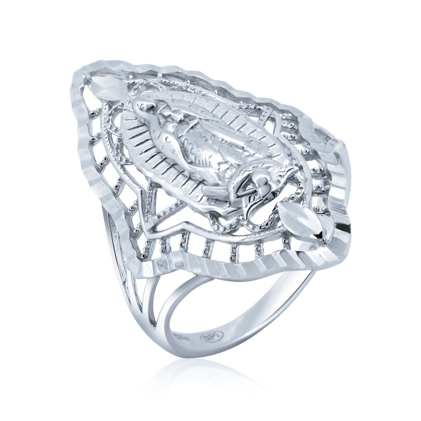 Sterling Silver 925 Rhodium Plated Diamond-Cut Lady of Guadalupe Ring Sizes 5-9
