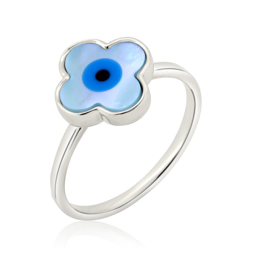 Rhodium Plated 925 Sterling Silver Flower Eye Mother of Pearl Ring Sizes 5-9