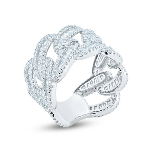 Sterling Silver 925 Rhodium Plated Clear CZ Encrusted Chain Link Ring Sizes 9-12