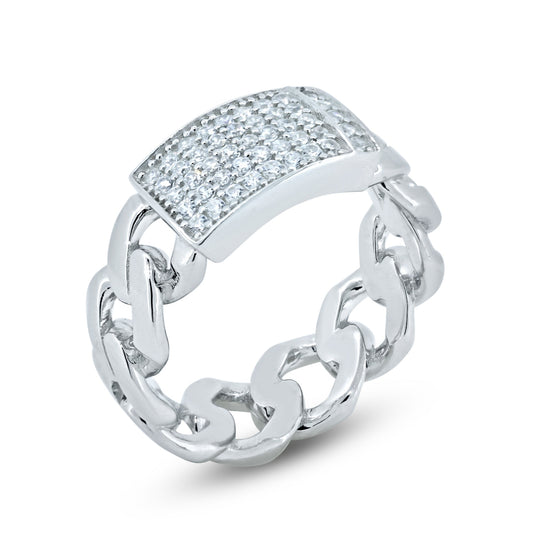 Rhodium Plated 925 Sterling Silver CZ Encrusted ID Cuban Link Ring Sizes 5-9