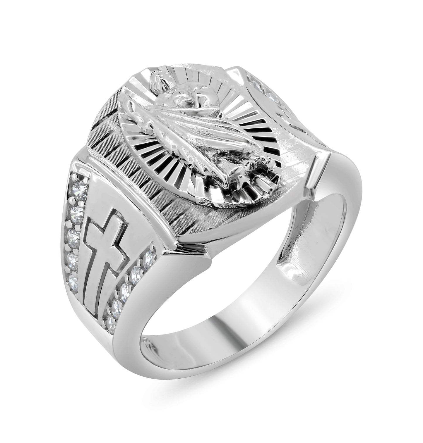 Rhodium Plated 925 Sterling Silver St Jude Diamond-Cut Clear CZ Ring Sizes 9-12