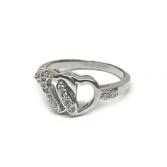 Rhodium Plated 925 Sterling Silver Open Double Heart Clear CZ Ring Sizes 5-9