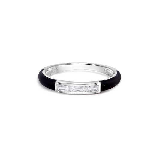 Rhodium Plated 925 Sterling Silver Clear Black Enamel Baguette CZ Ring Sizes 5-9