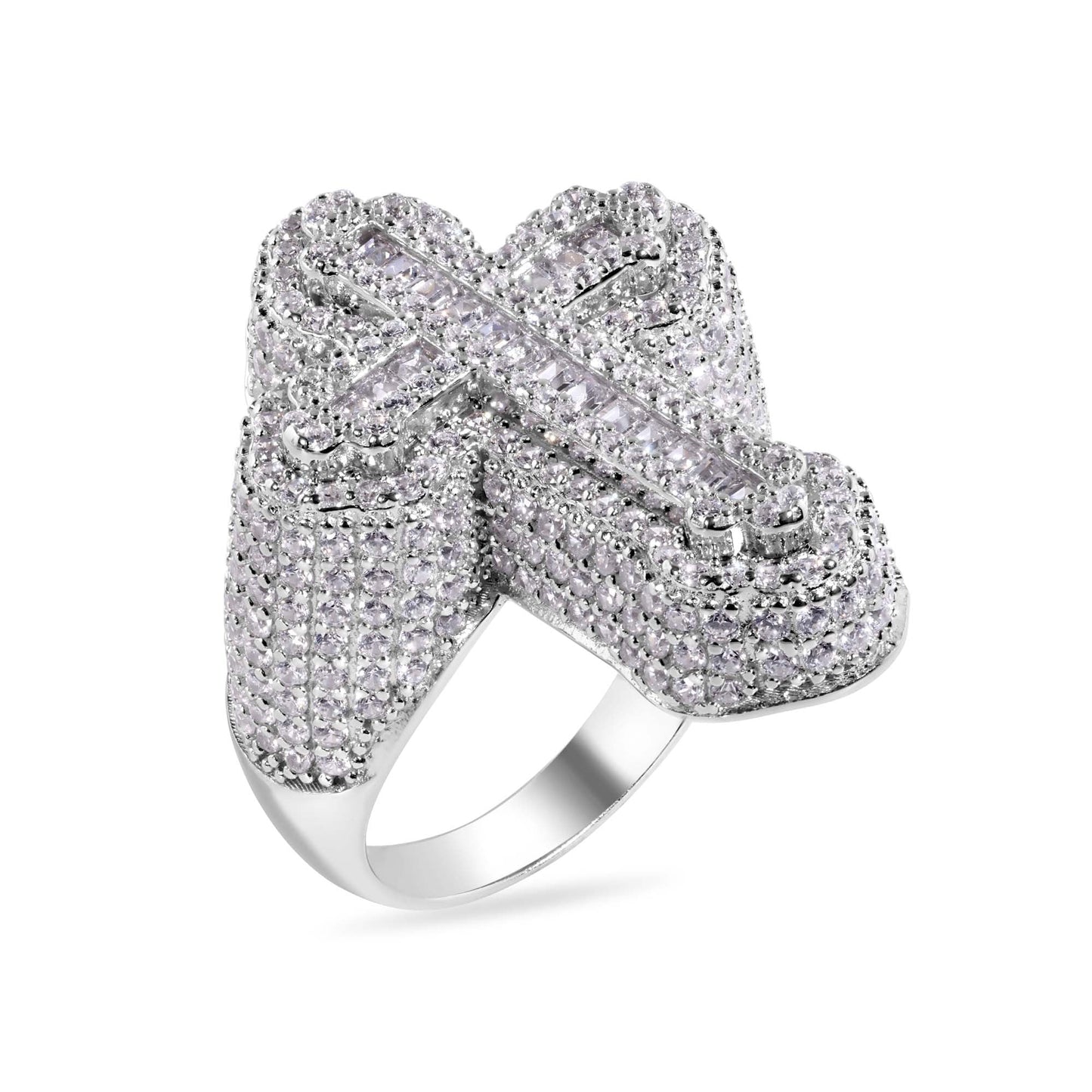 Rhodium Plated Sterling Silver Cross Baguette Clear CZ Studded Ring Sizes 9-12