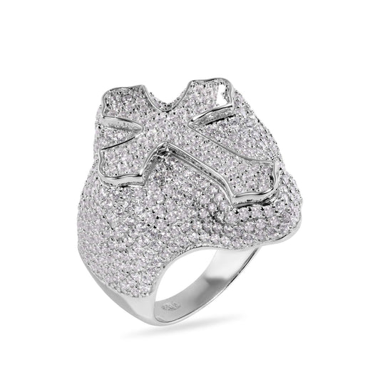 Rhodium Plated 925 Sterling Silver Cross Clear CZ Studded Band Ring Sizes 9-12