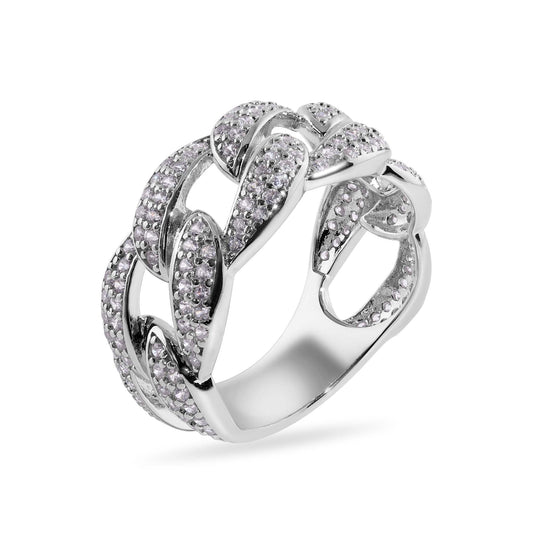 Rhodium Plated 925 Sterling Silver Miami Cuban Curb Link CZ Band Ring Sizes 9-12