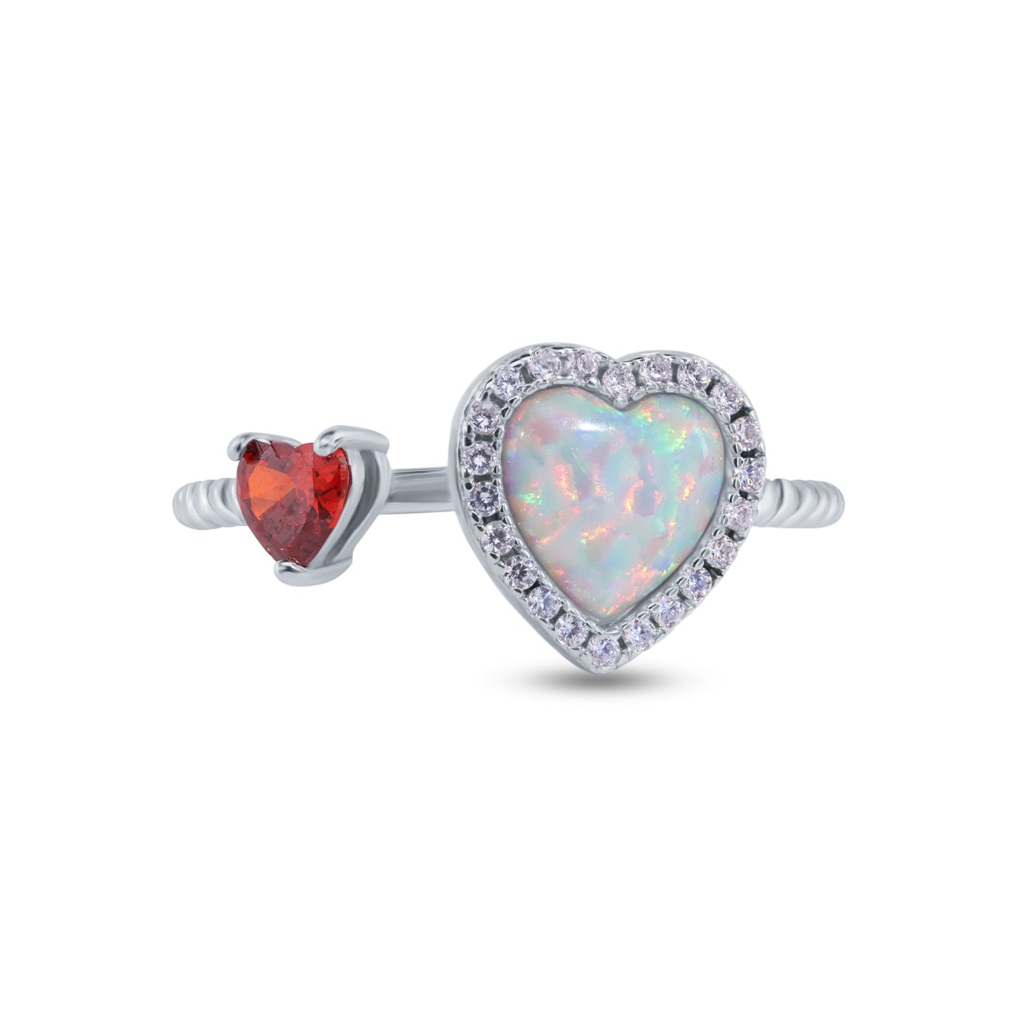 Rhodium Plated 925 Sterling Silver Hearts Synthetic Opal Red CZ Ring Sizes 5-9