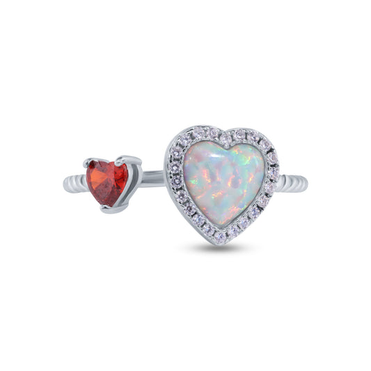 Rhodium Plated 925 Sterling Silver Hearts Synthetic Opal Red CZ Ring Sizes 5-9