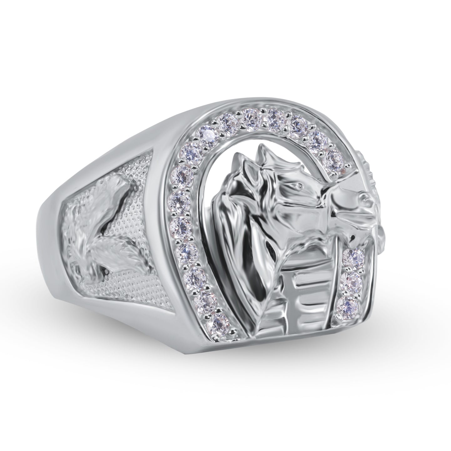 925 Sterling Silver Rhodium Plated Horse Shoe Horse CZ Band Ring Sizes 9-12