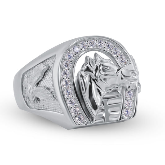 925 Sterling Silver Rhodium Plated Horse Shoe Horse CZ Band Ring Sizes 9-12