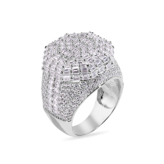 Rhodium Plated 925 Sterling Silver Baguette Clear CZ Octagon Ring Sizes 9-12