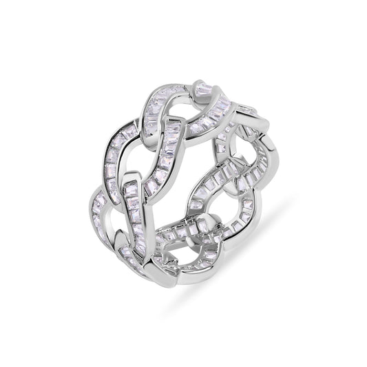 Rhodium Plated 925 Sterling Silver Curb Baguette Clear CZ 10.3mm Ring Sizes 9-12