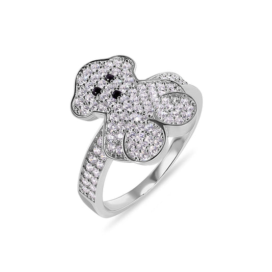 Rhodium Plated 925 Sterling Silver Teddy Bear Clear CZ Studded Ring Sizes 5-9