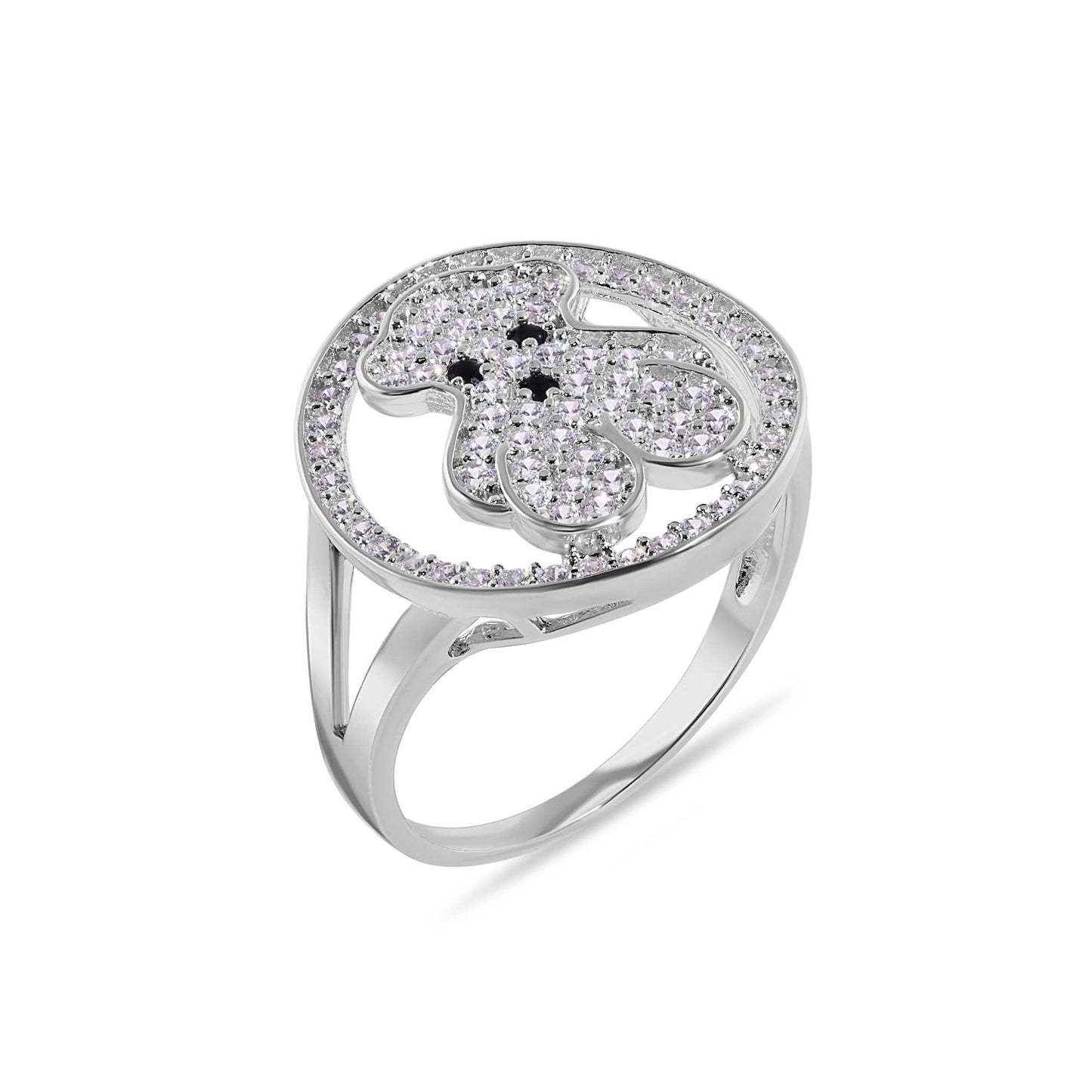 Rhodium Plated 925 Sterling Silver Teddy Bear Clear CZ Studded Ring Sizes 5-9