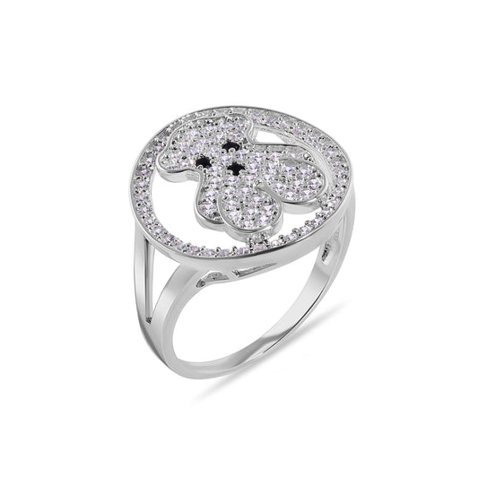 Rhodium Plated 925 Sterling Silver Teddy Bear Clear CZ Studded Ring Sizes 5-9