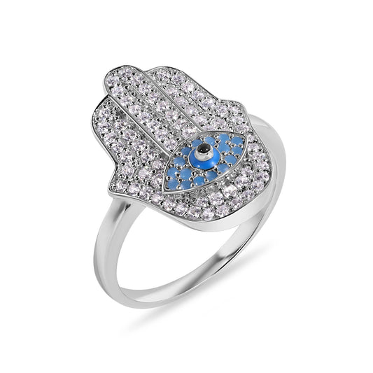Rhodium Plated 925 Sterling Silver Hamsa Eye Simulated Turquoise Ring Sizes 5-9