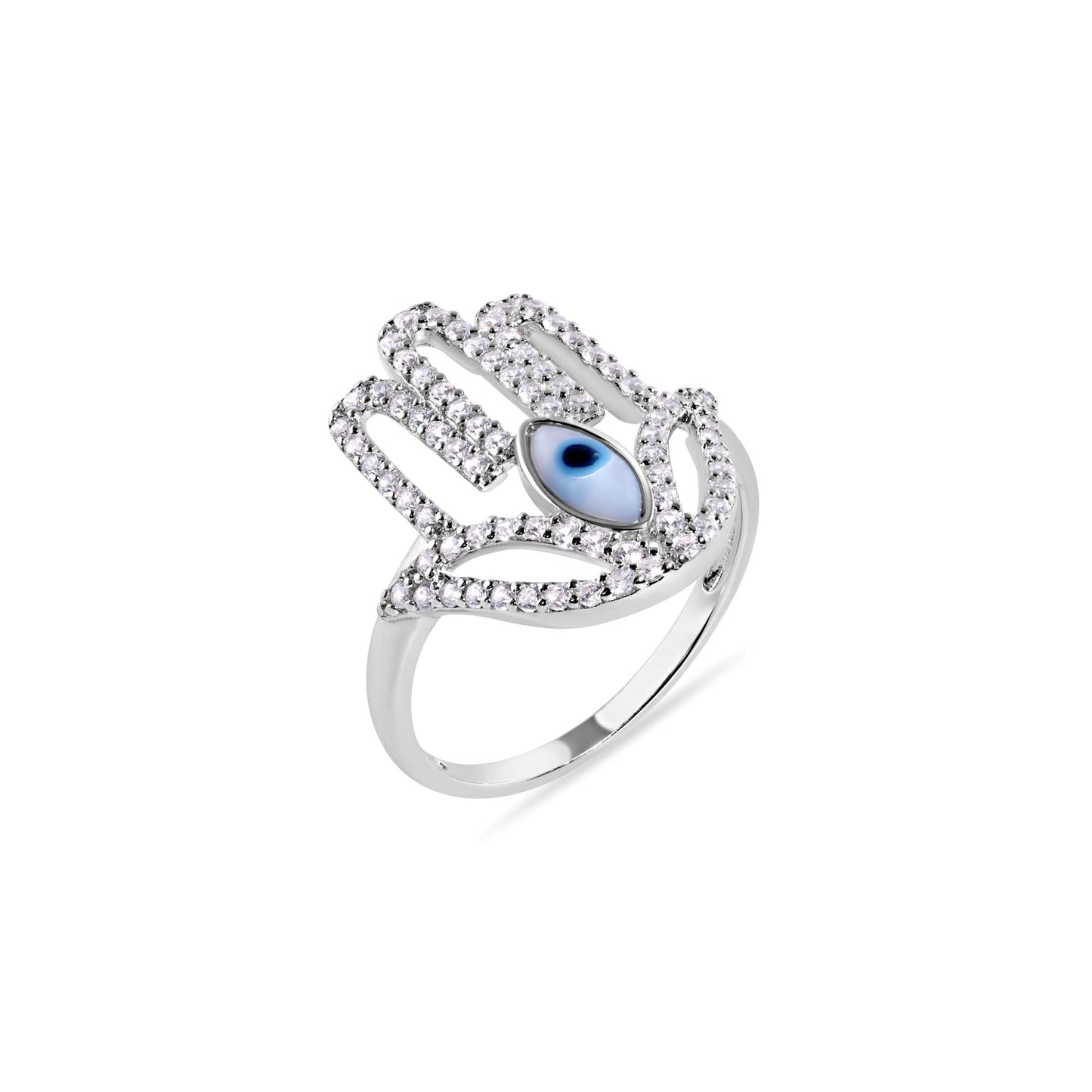 Rhodium Plated Sterling Silver Hamsa Eye Simulated Turquoise CZ Ring Sizes 5-9