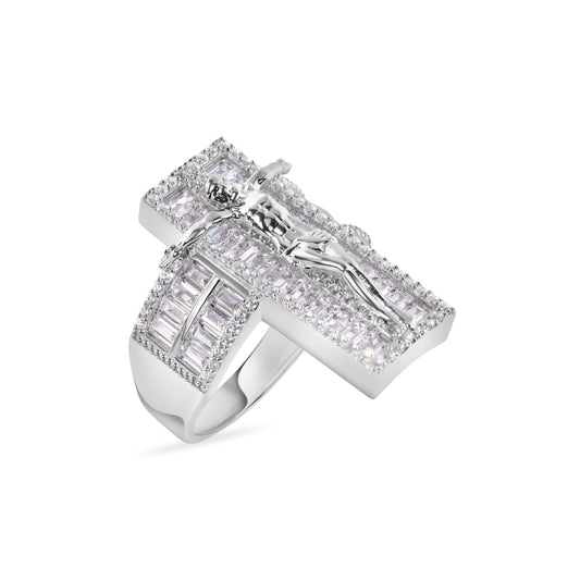 Rhodium Plated 925 Sterling Silver Crucifix Baguette Clear CZ Ring Sizes 9-12