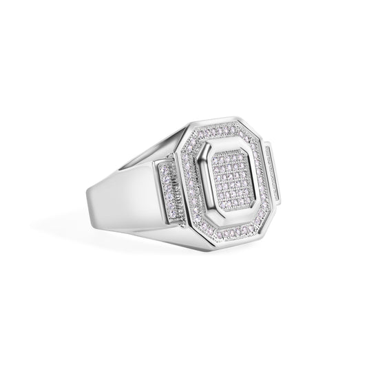 Rhodium Plated 925 Sterling Silver Embossed Octagon CZ 18.5mm Ring Sizes 9-12