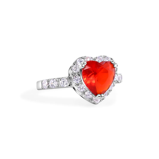 Sterling Silver 925 Rhodium Plated Red Cluster CZ Heart Bridal Ring Sizes 5-9