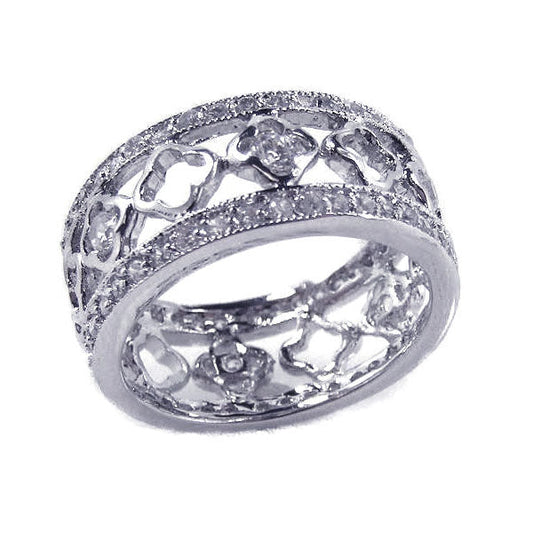 Sterling Silver 925 Rhodium Plated Flower Band Alternating CZ Ring Sizes 5-9