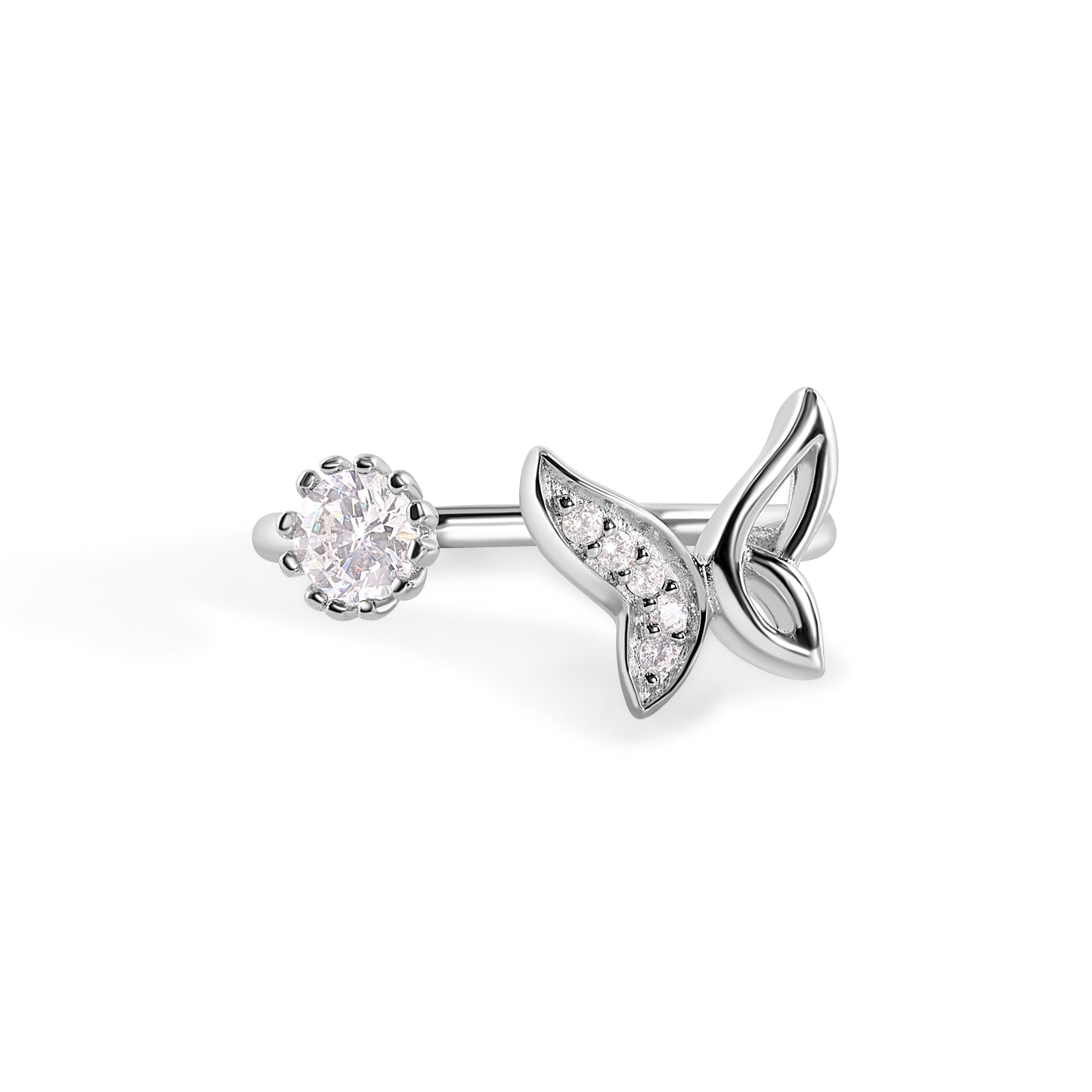 Rhodium Plated 925 Sterling Silver Butterfly Flower Clear CZ Ring Sizes 5-9