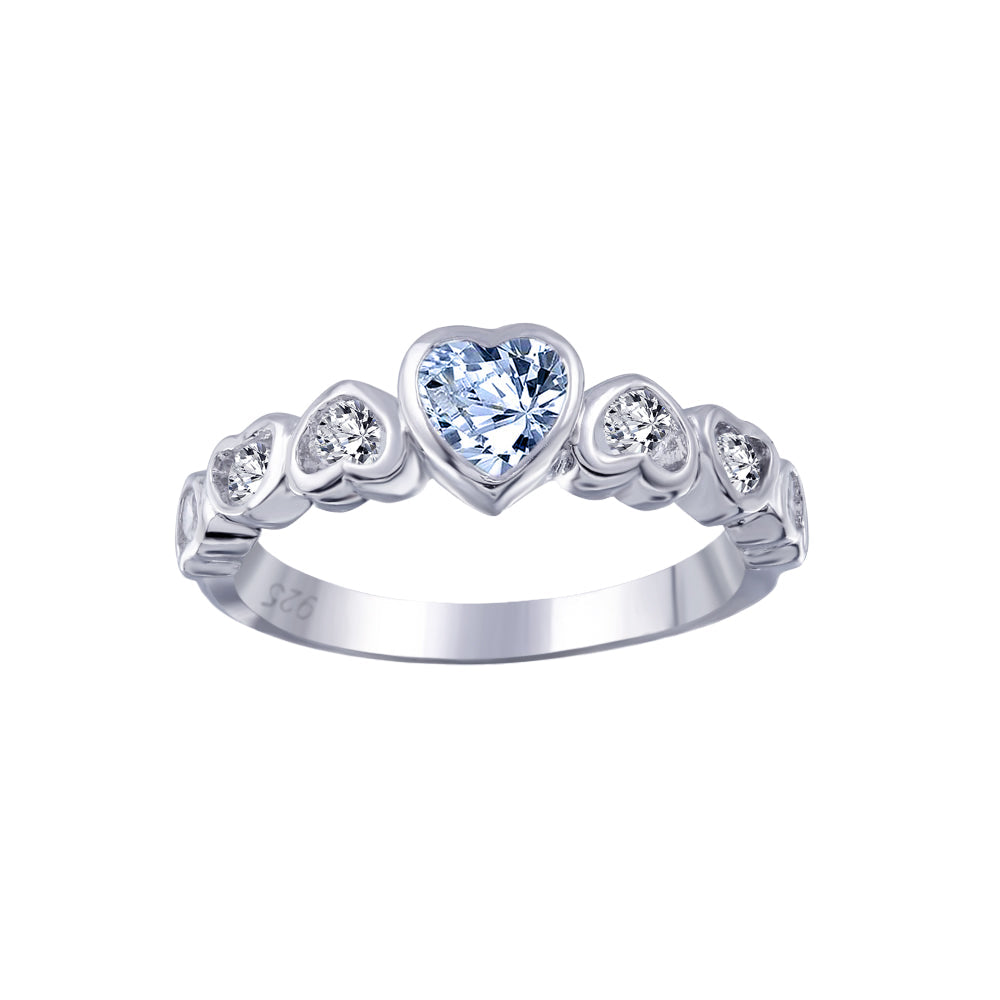 Sterling Silver 925 Rhodium Plated Teal Center CZ Heart Band Ring Sizes 5-9