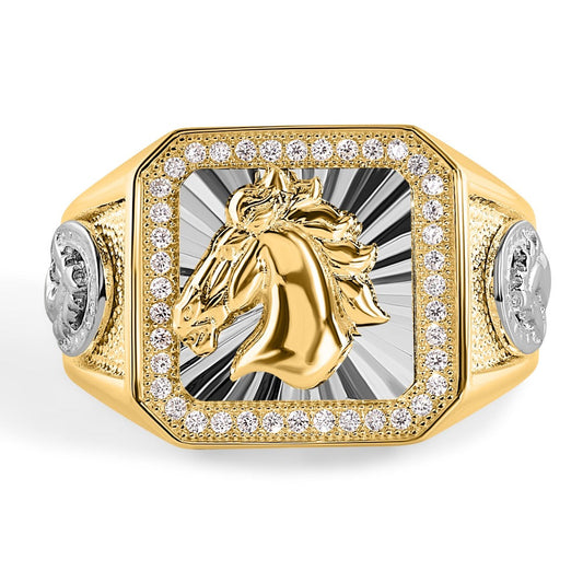 Gold Plated 925 Sterling Silver Men's Stallion Statement Band CZ Ring Sizes 9-12