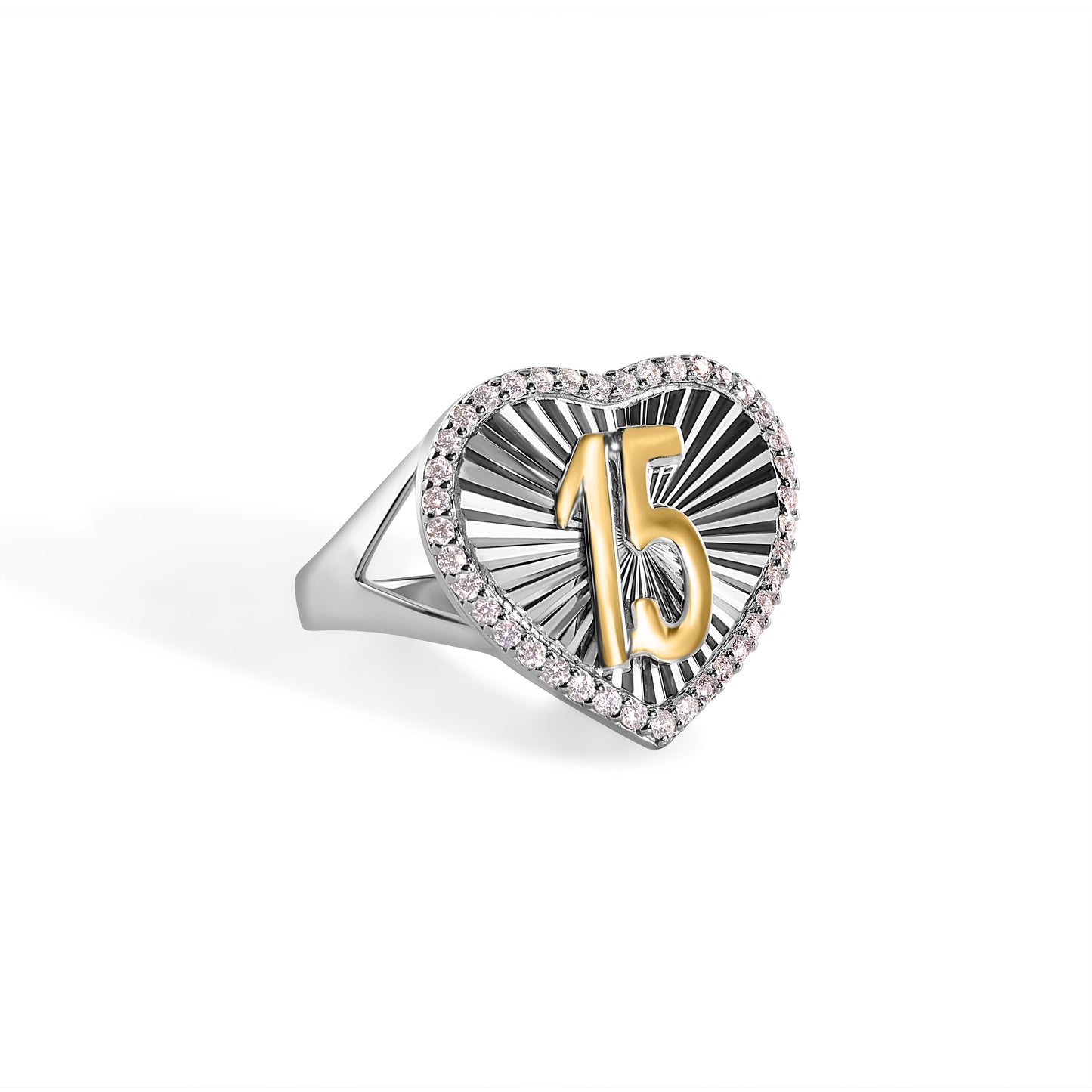 Sterling Silver Rhodium Plated Quinceanera Diamond-Cut Heart CZ Ring Sizes 5-9