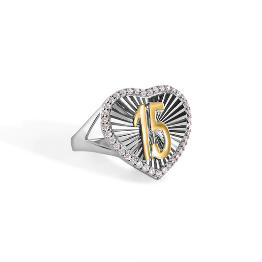 Sterling Silver Rhodium Plated Quinceanera Diamond-Cut Heart CZ Ring Sizes 5-9