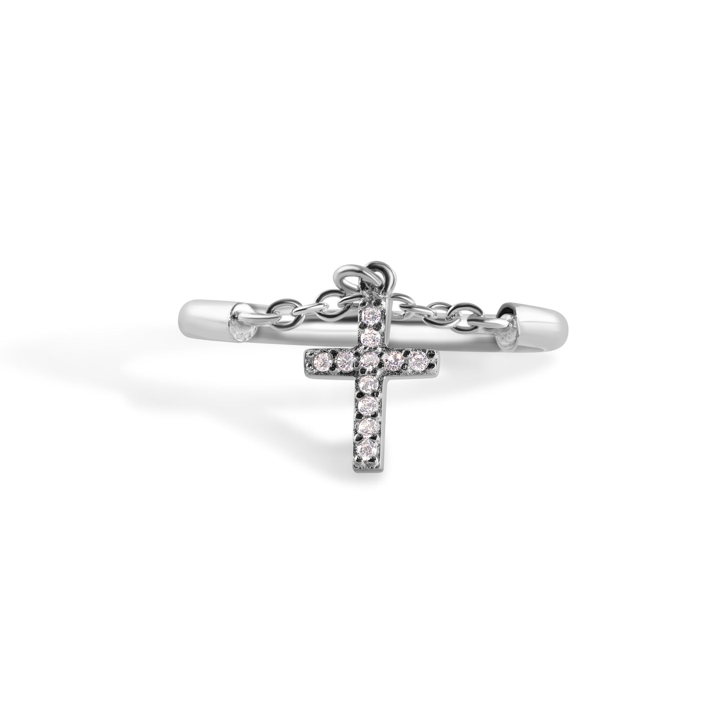 925 Sterling Silver Rhodium Plated Ring Dangling Cross Clear CZ Ring Sizes 7-7