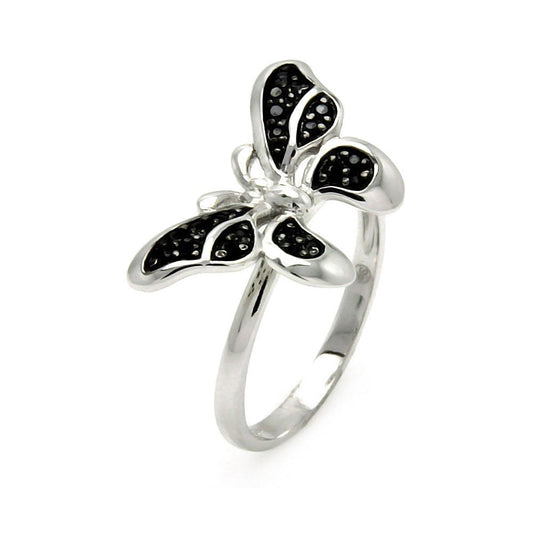 925 Sterling Silver Nickel Free Rhodium Plated Butterfly Black CZ Ring Sizes 5-9