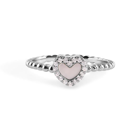 925 Sterling Silver Rhodium Plated Synthetic Opal Heart Band CZ Ring Sizes 5-9