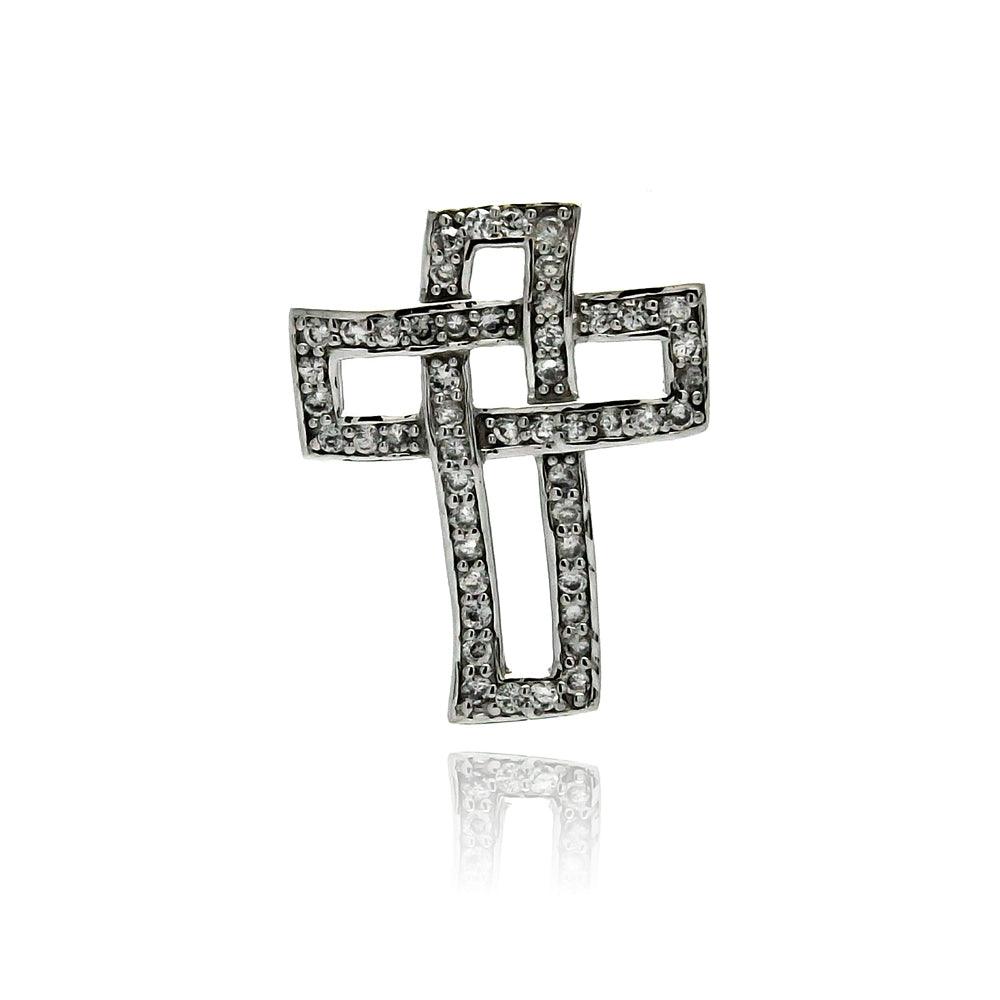 Sterling Silver 925 Rhodium Plated Open Christian Cross CZ Wire Hanging Pendant