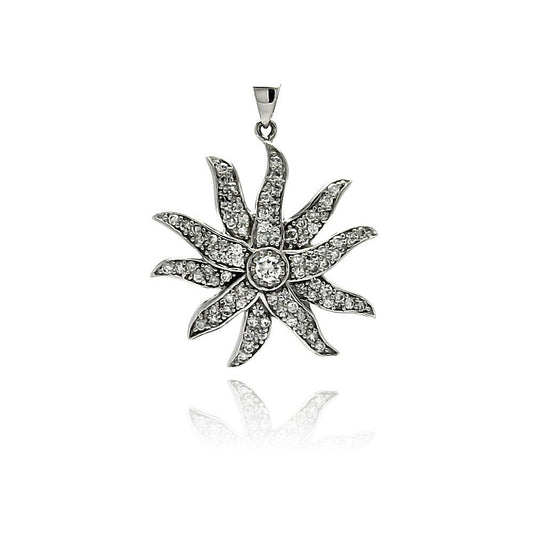 Sterling Silver 925 Rhodium Plated Flower CZ Wire Dangling Sun Plant Pendant