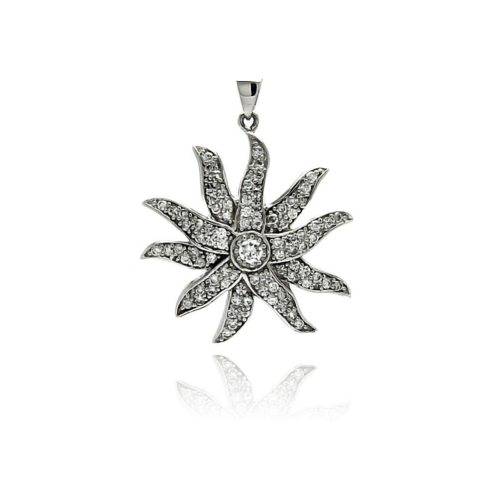 Sterling Silver 925 Rhodium Plated Flower CZ Wire Dangling Sun Plant Pendant