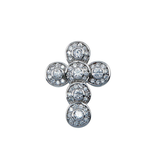 Sterling Silver 925 Rhodium Plated Round Christian Cross CZ Dangling Pendant