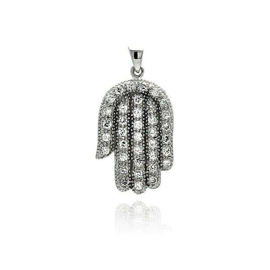 Sterling Silver 925 Rhodium Plated Hip-Hop Men's Hamsa Hand CZ Dangling Pendant
