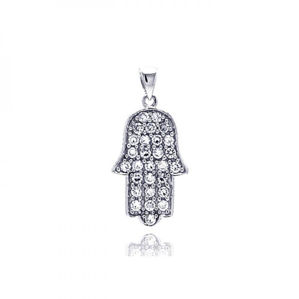 Sterling Silver 925 Rhodium Plated Hand Hamsa Clear CZ Dangling Pendant