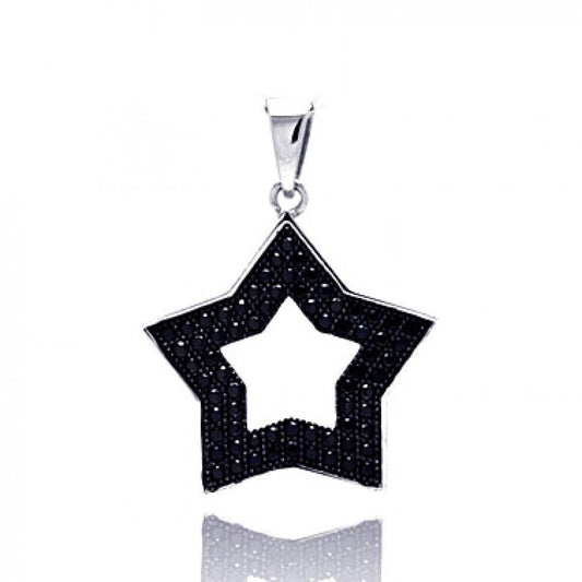 Sterling Silver 925 Black Rhodium Plated Open Star Micro Pave CZ Pendant