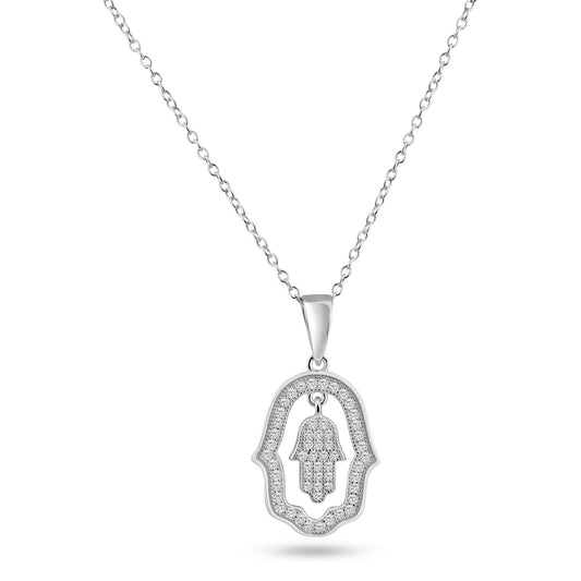 Sterling Silver 925 Rhodium Plated Open Hand Curvy Circle CZ Dangling Pendant