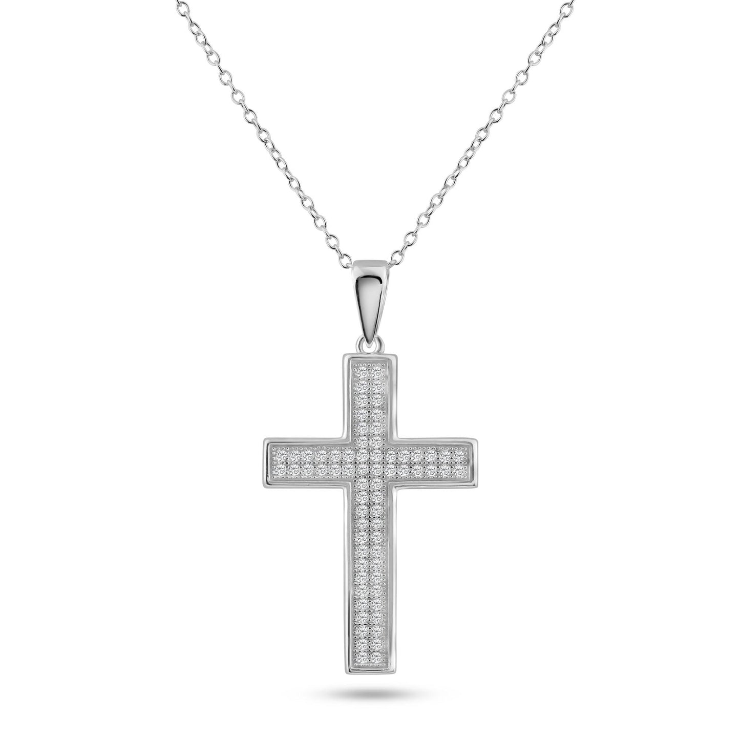 Sterling Silver 925 Rhodium Plated Cross Pave Christian CZ Pendant Necklace