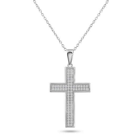 Sterling Silver 925 Rhodium Plated Cross Pave Christian CZ Pendant Necklace