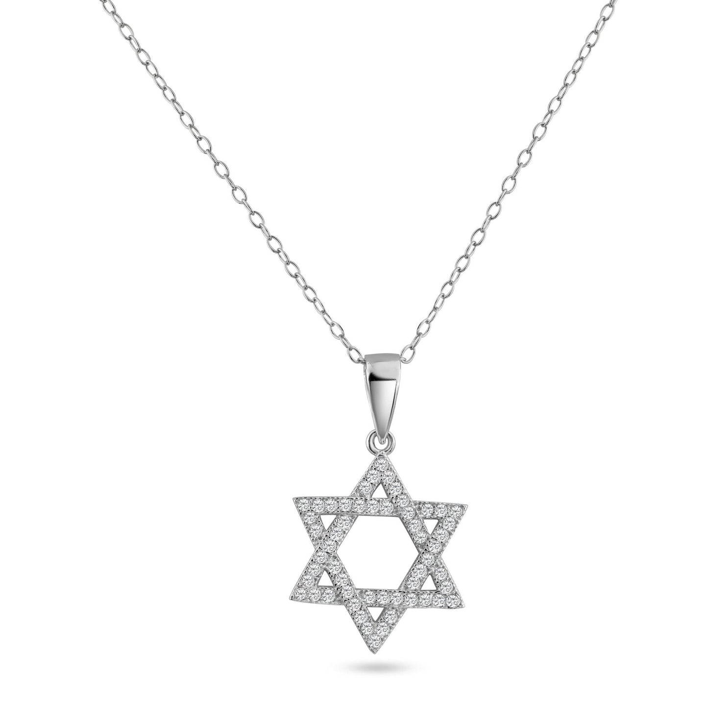 Silver 925 Rhodium Plated Hebrew Star of David Clear CZ Pendant Necklace Chain